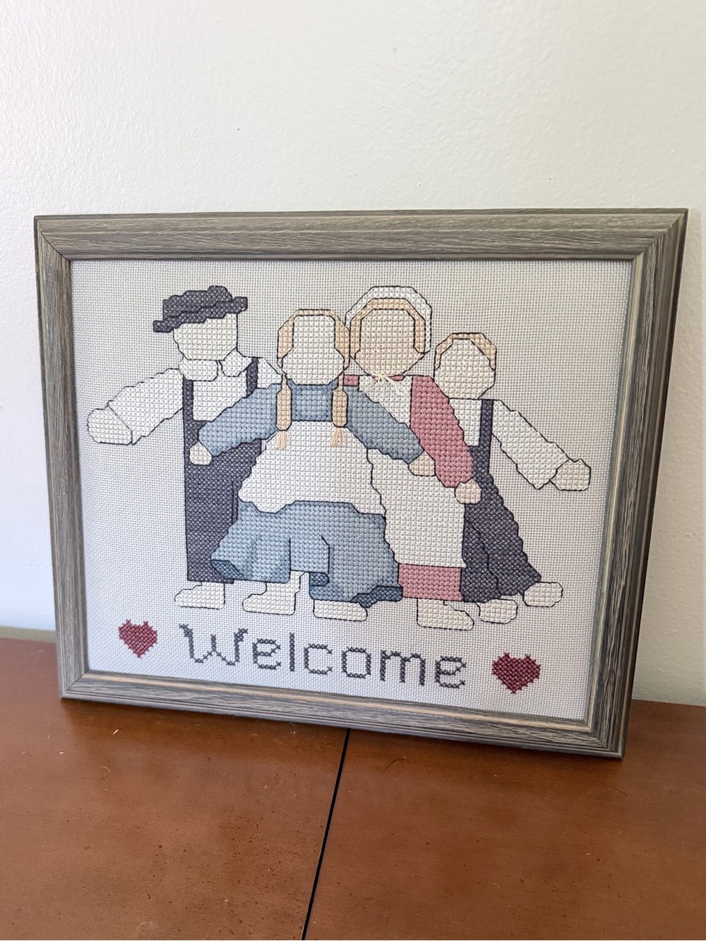 Vintage 80s Amish Welcome Cross Stitch Framed Needlework Art Wall Hanger Cottage